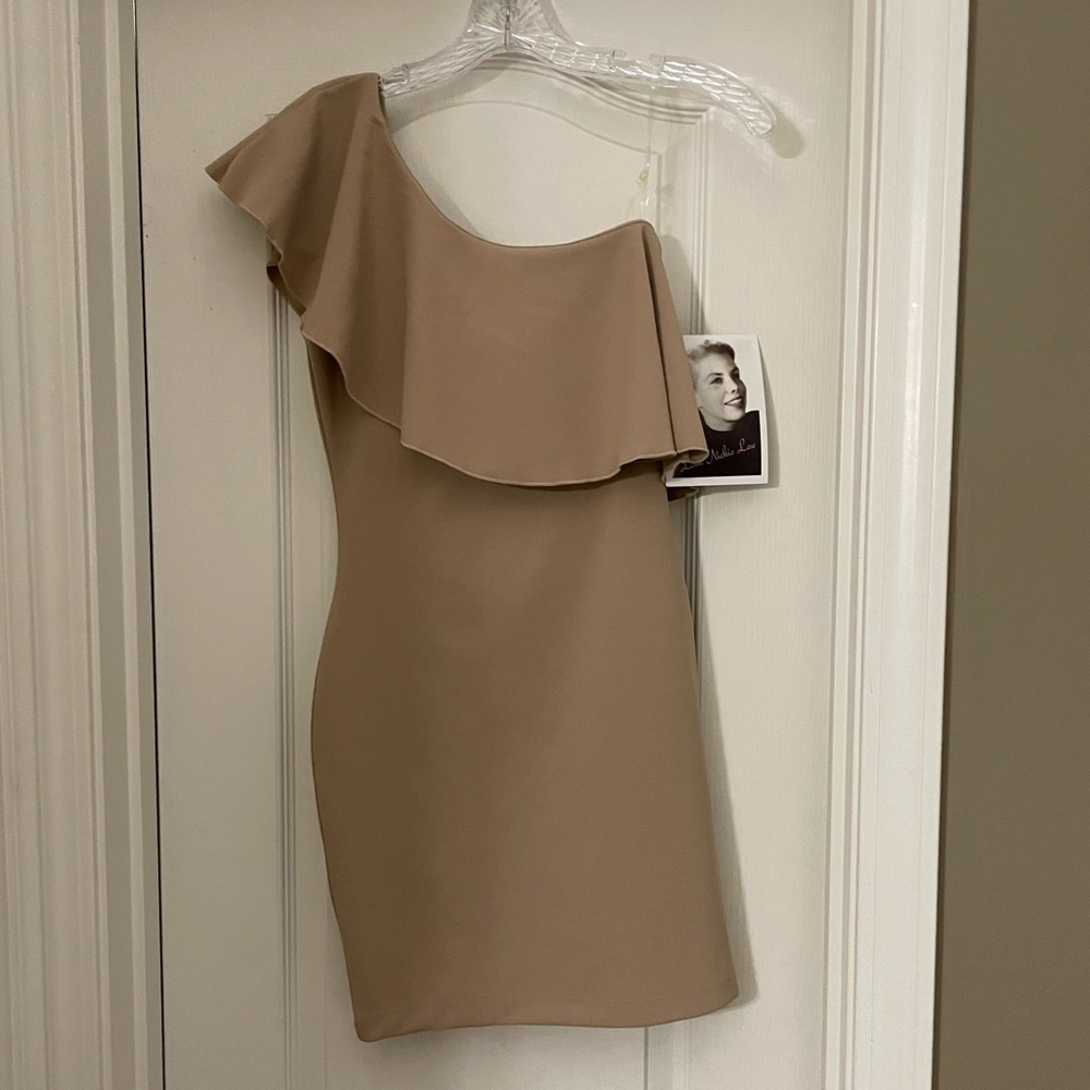 Love Nickie tan one shoulder mini dress xs